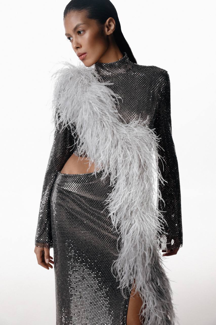 Midi Dress with Feathers and Slit