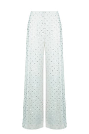Crystal Rhinestone Embellished Wide leg Trousers in White