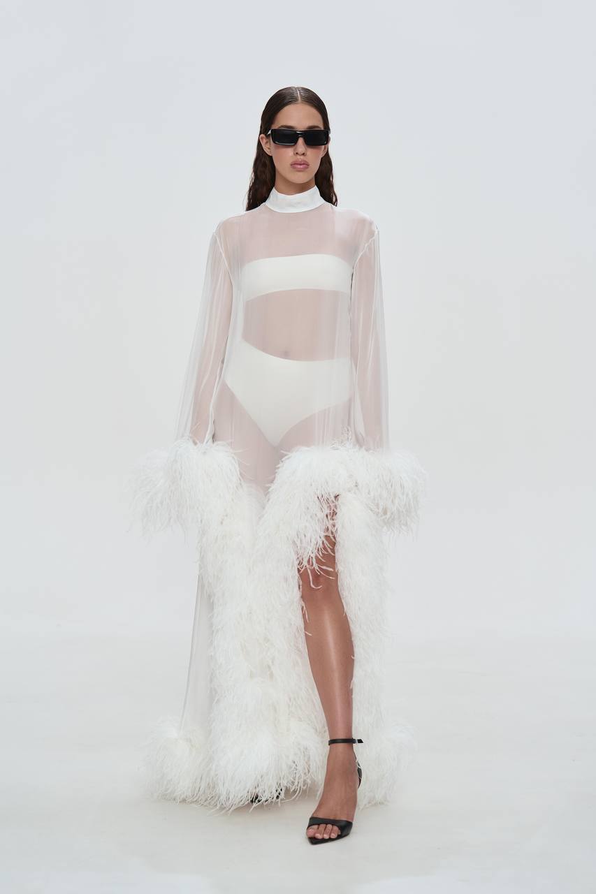 Silk Dress with White Feathers M/L / White Silk Dress with White Feathers M/L / White