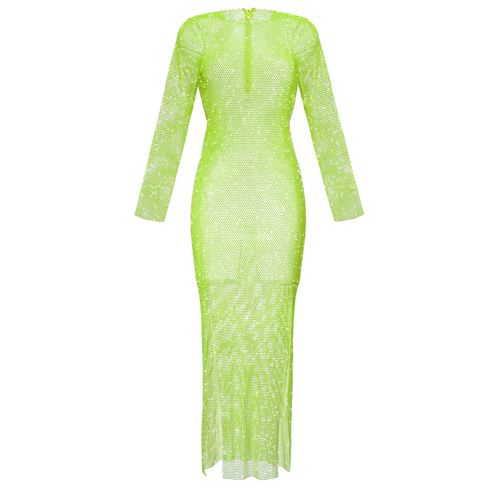 green diamond dress Emerald Green Beaded Open Back V Neck Dress With Rhinestones