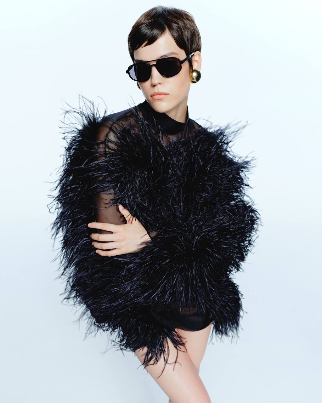 Black Silk Mini Dress with Feathers