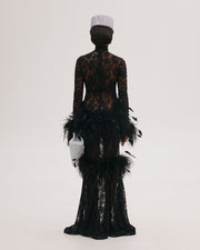 Maxi Lace Dress with Feathers