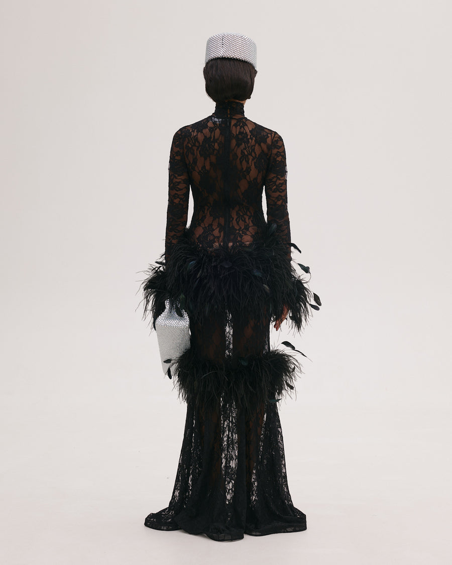 Maxi Lace Dress with Feathers