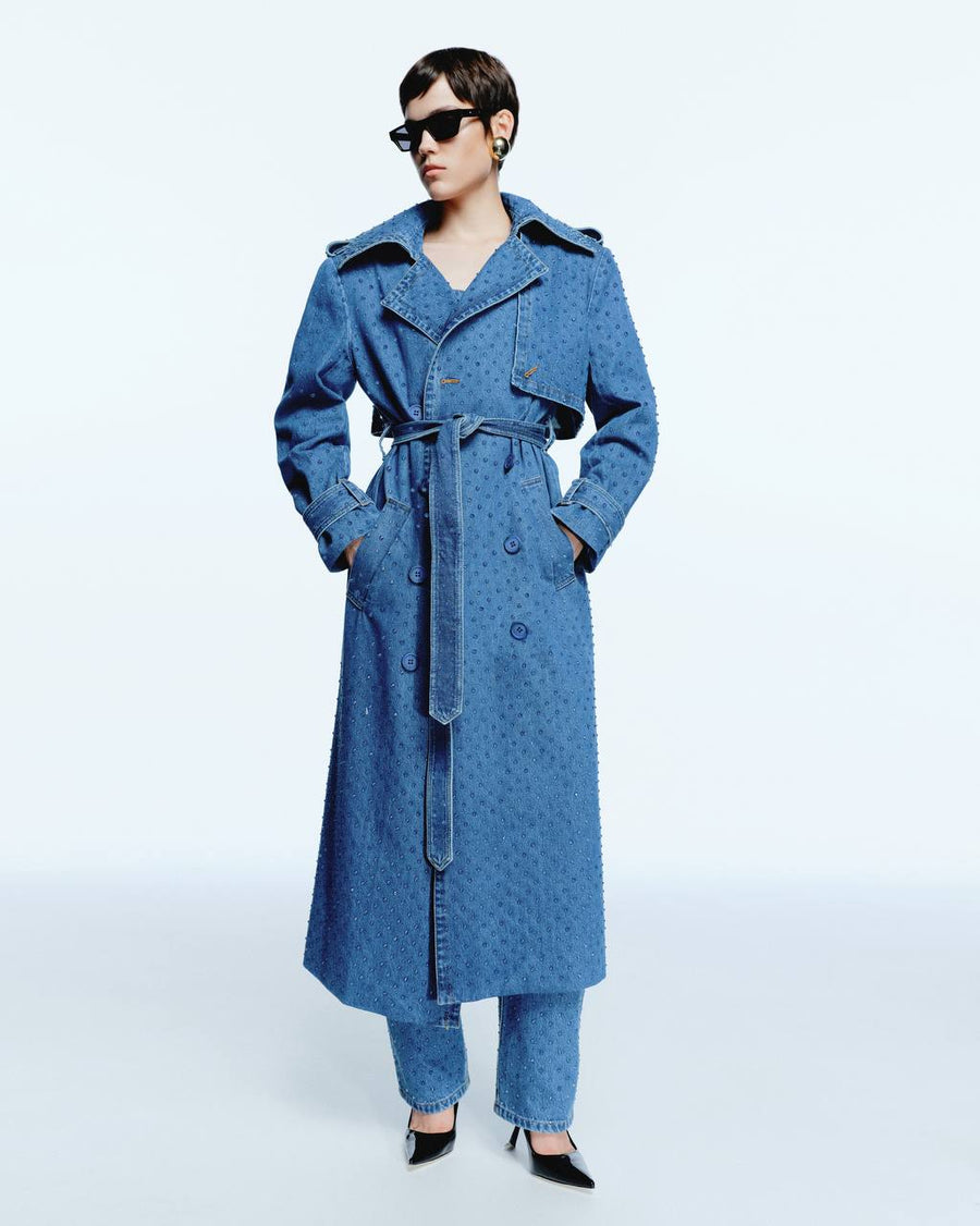 Clear Rhinestone Denim trench coat