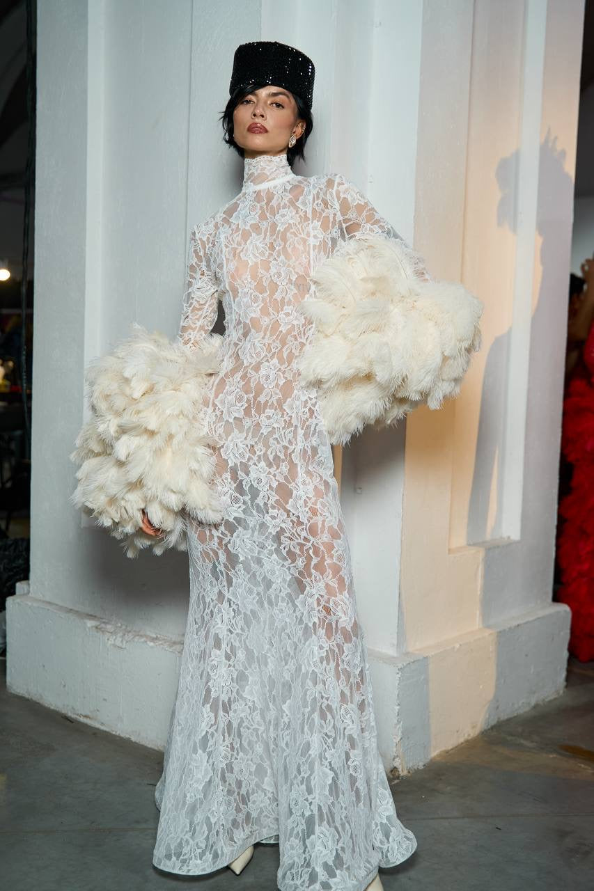 Lace Dress with Feathers