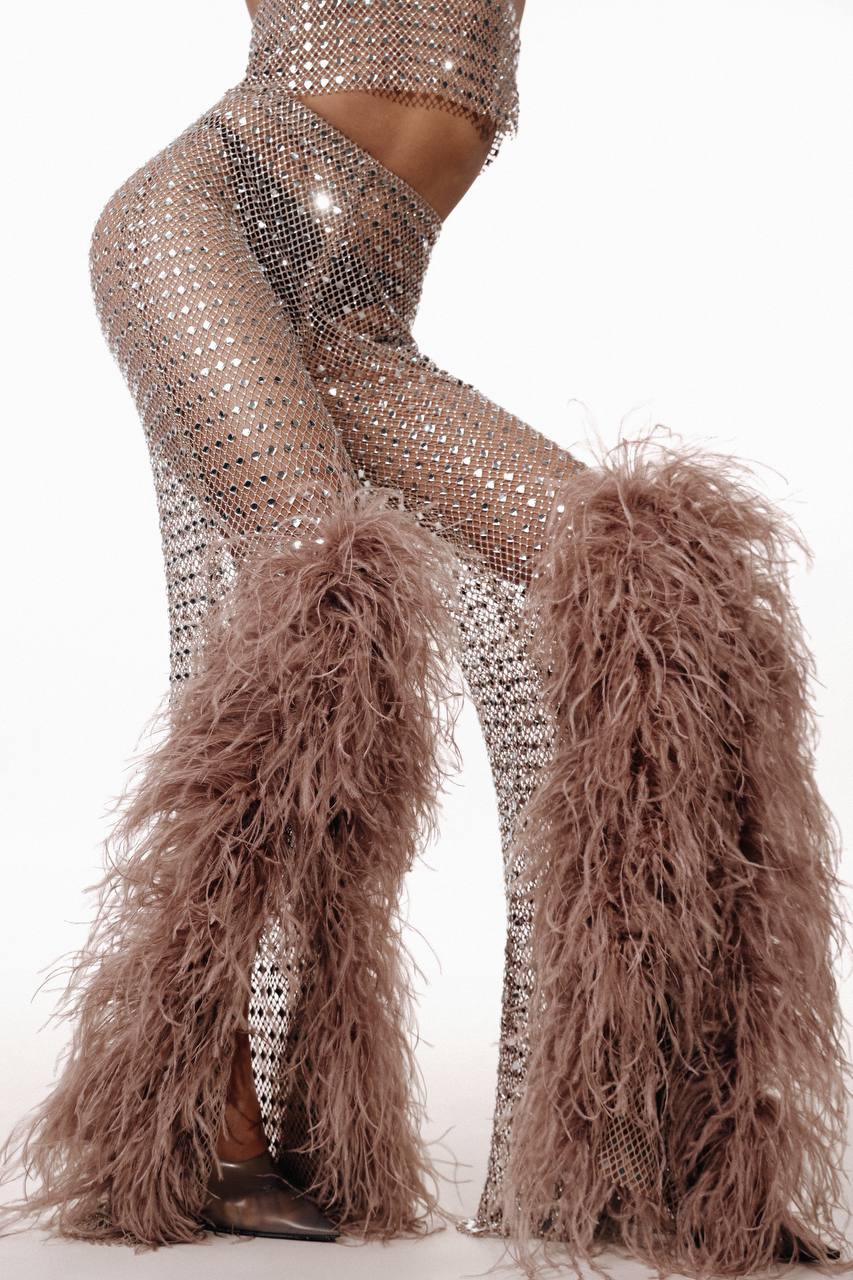 Flared Mesh Pants with Feathers