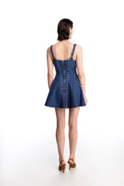 Denim dress with silhouette 
lines and crystals