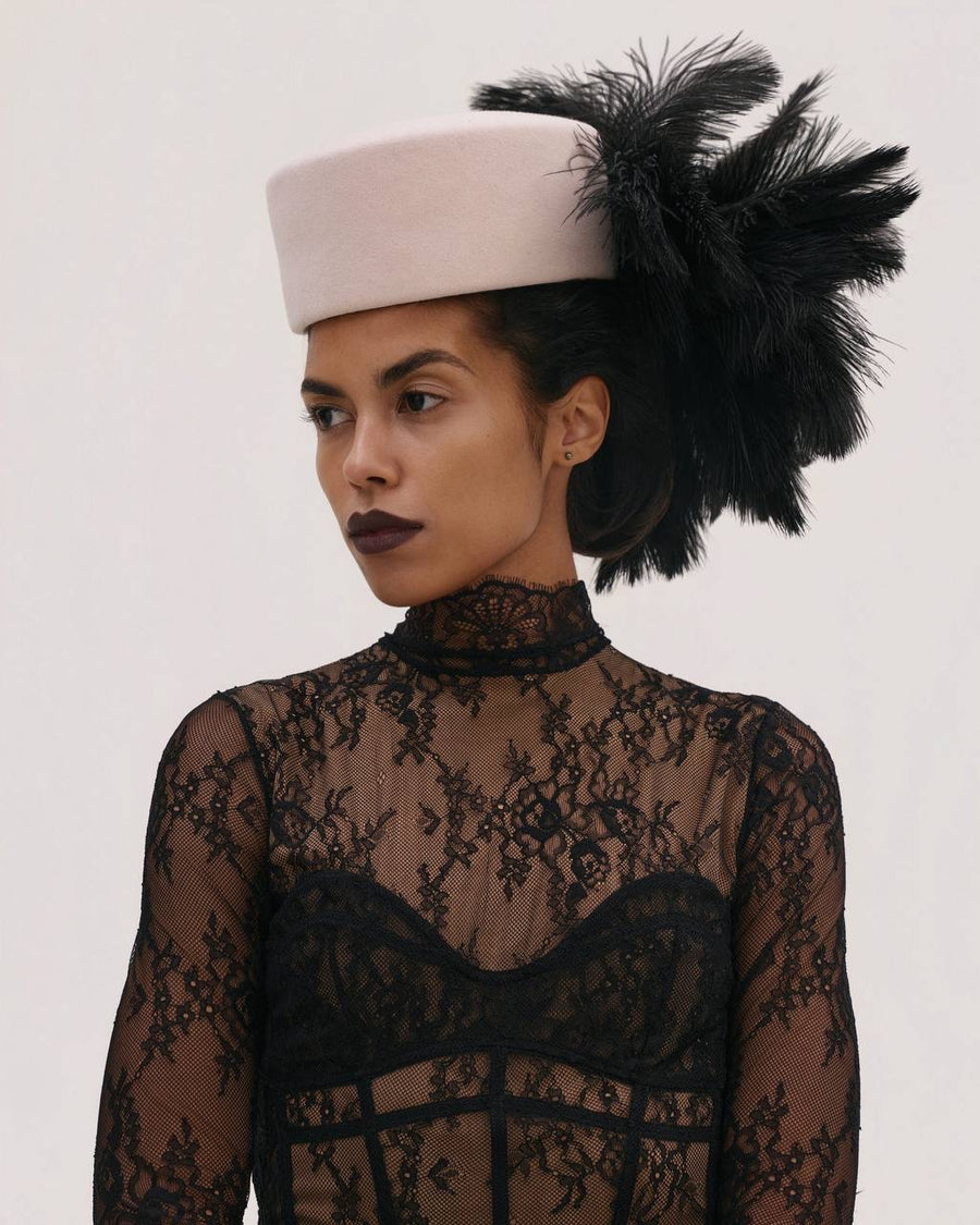 Hat In Blush with Black Feathers