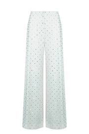 Crystal Rhinestone Embellished Wide leg Trousers in White