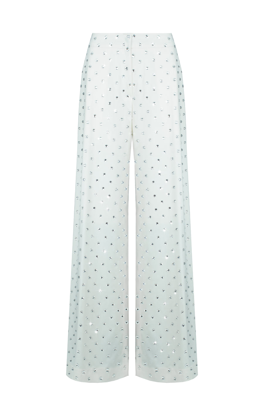 Crystal Rhinestone Embellished Wide leg Trousers in White