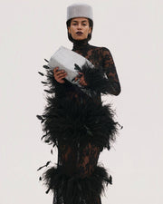 Maxi Lace Dress with Feathers