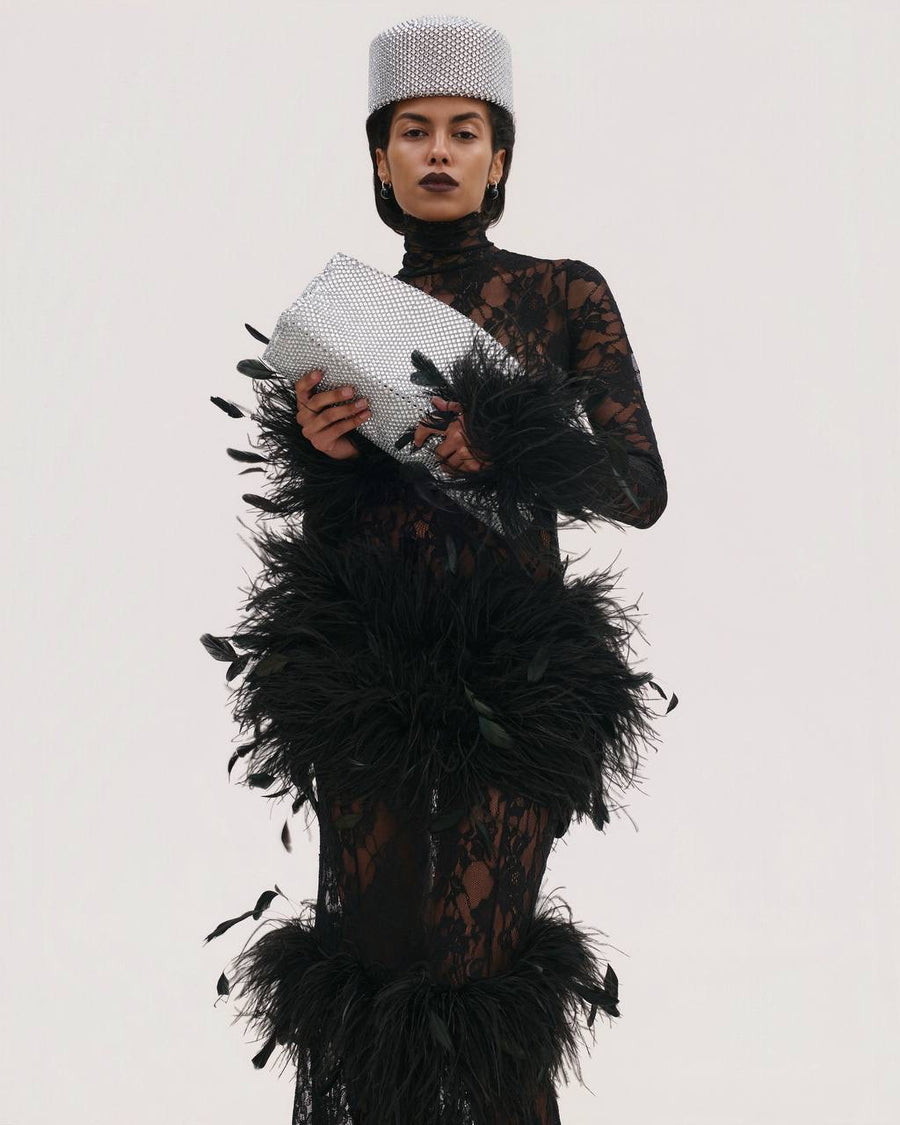Maxi Lace Dress with Feathers