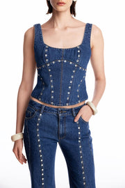 Denim corset with silhouette lines
and crystals