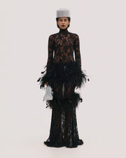 Maxi Lace Dress with Feathers