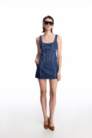Denim mini skirt with silhouette lines and crystals