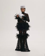 Maxi Lace Dress with Feathers