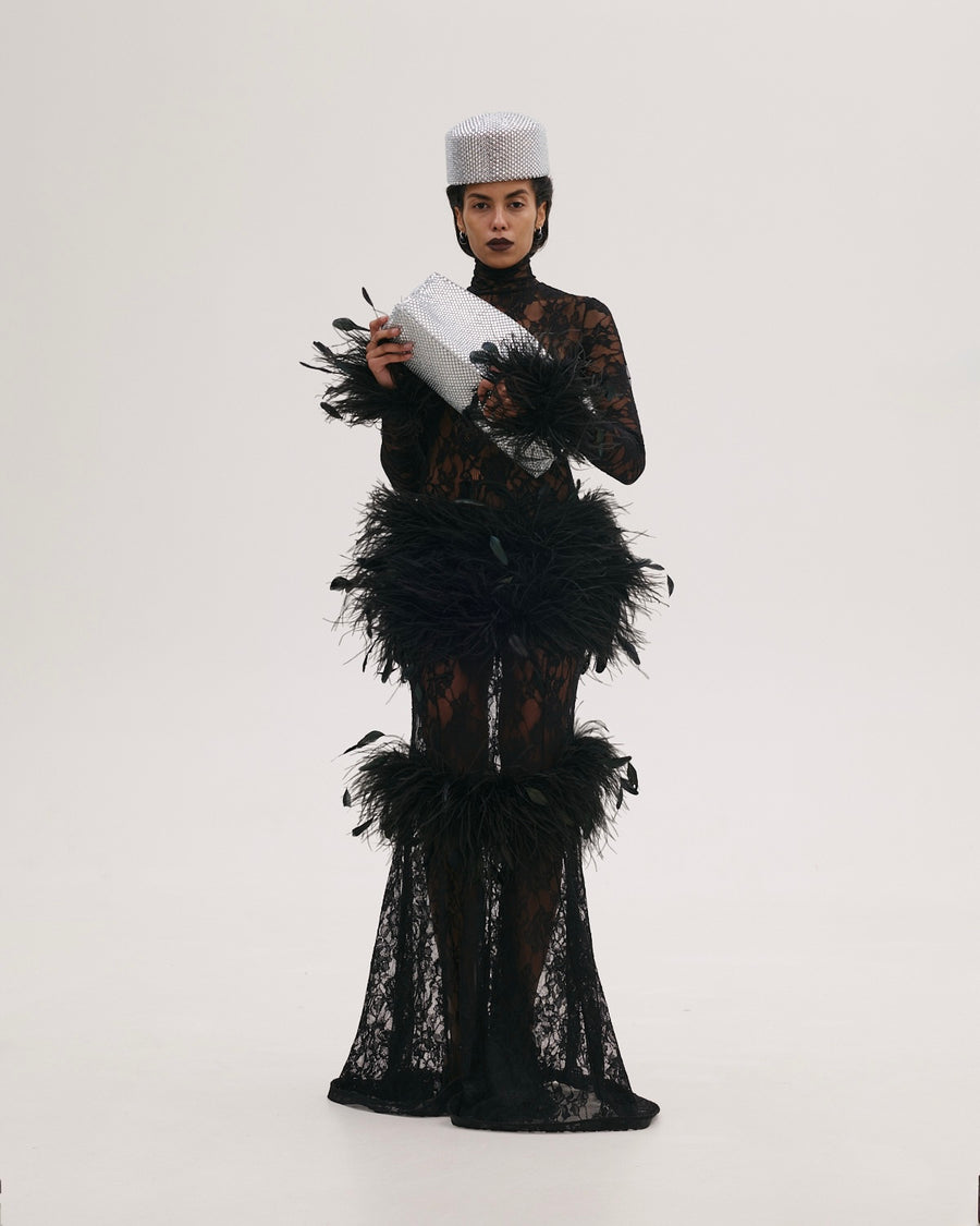 Maxi Lace Dress with Feathers
