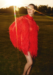 Red Silk Mini Dress with Feathers