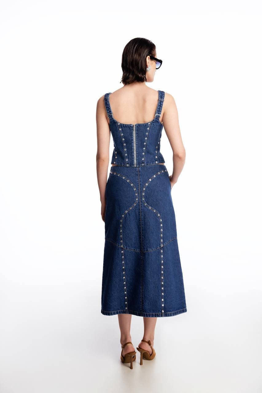 Denim midi skirt with silhouette lines and crystals