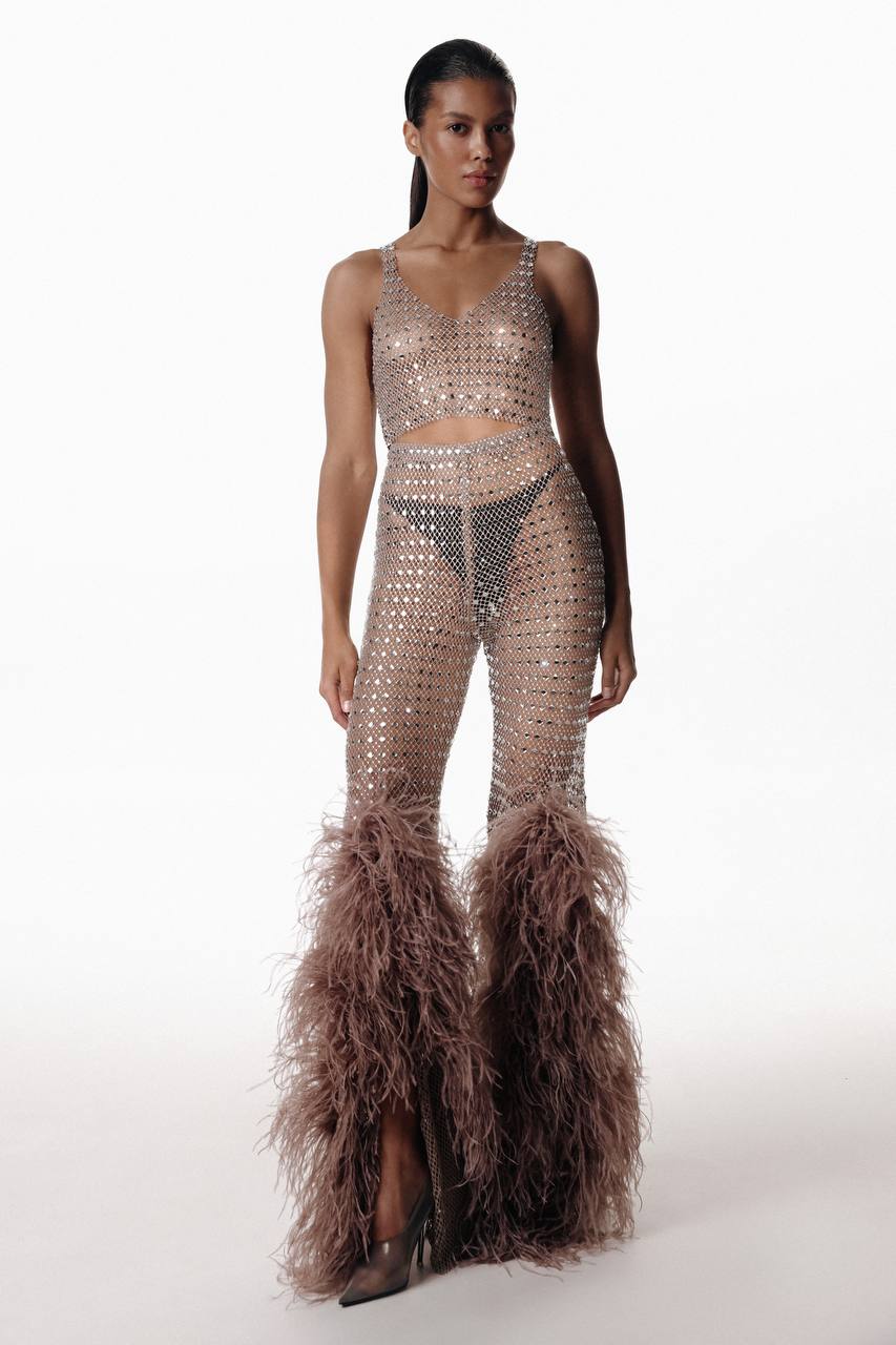 Flared Mesh Pants with Feathers