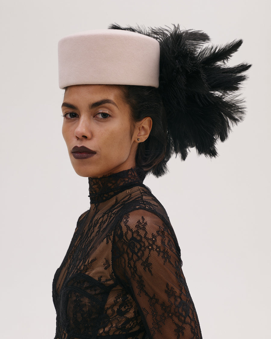 Hat In Blush with Black Feathers