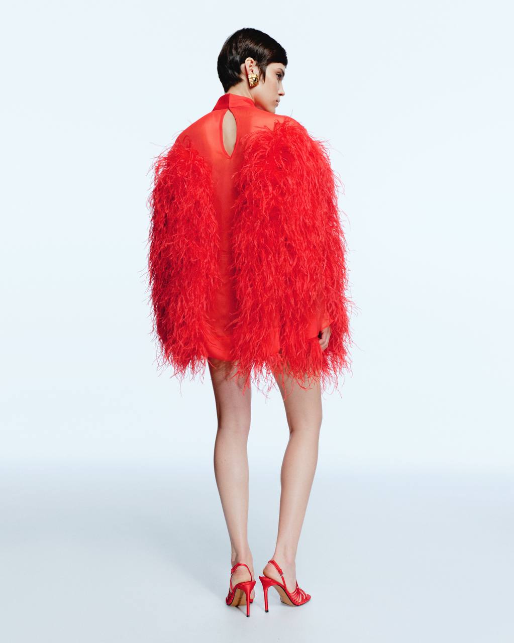 Red Silk Mini Dress with Feathers