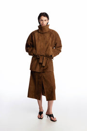 Suede midi skirt with silhouette lines