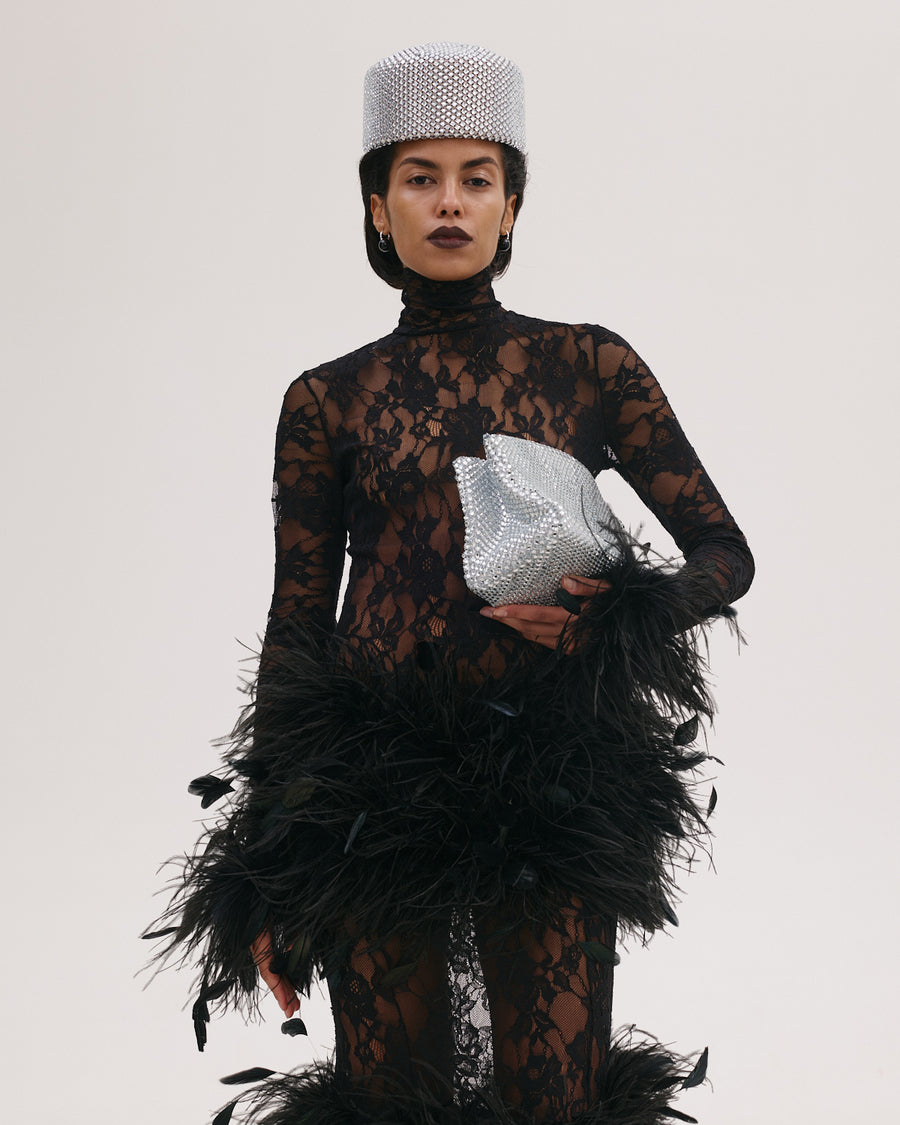 Maxi Lace Dress with Feathers