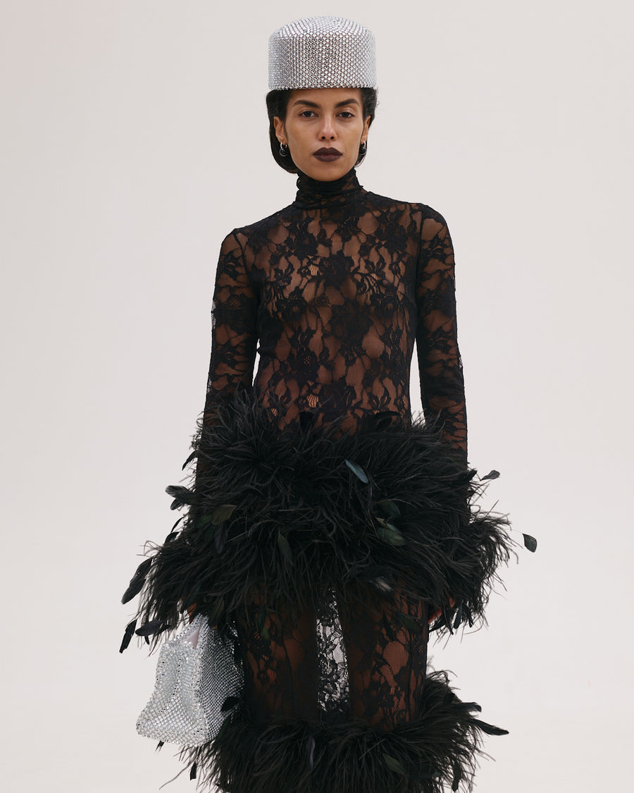 Maxi Lace Dress with Feathers