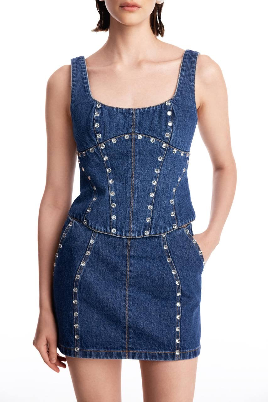 Denim corset with silhouette lines
and crystals