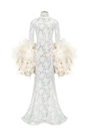 Lace Dress with Feathers Sleeves