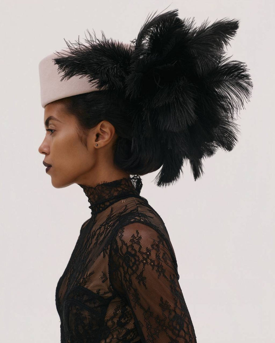 Hat In Blush with Black Feathers