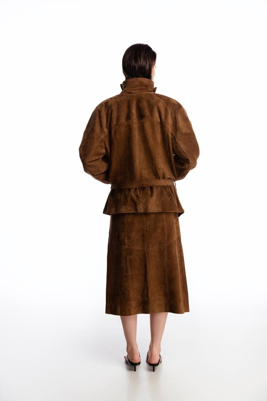 Suede midi skirt with silhouette lines