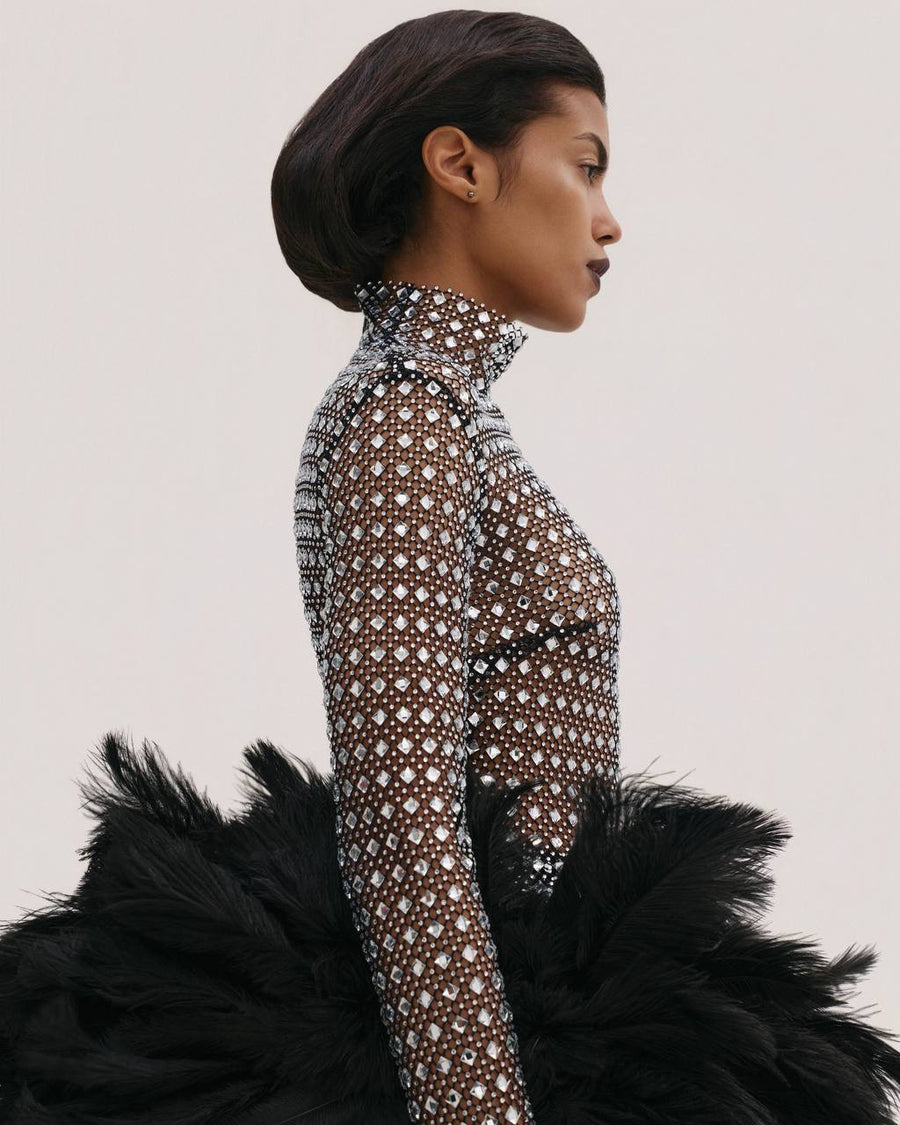 Diamante Mini Dress with Feathers Tail
