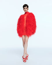 Red Silk Mini Dress with Feathers