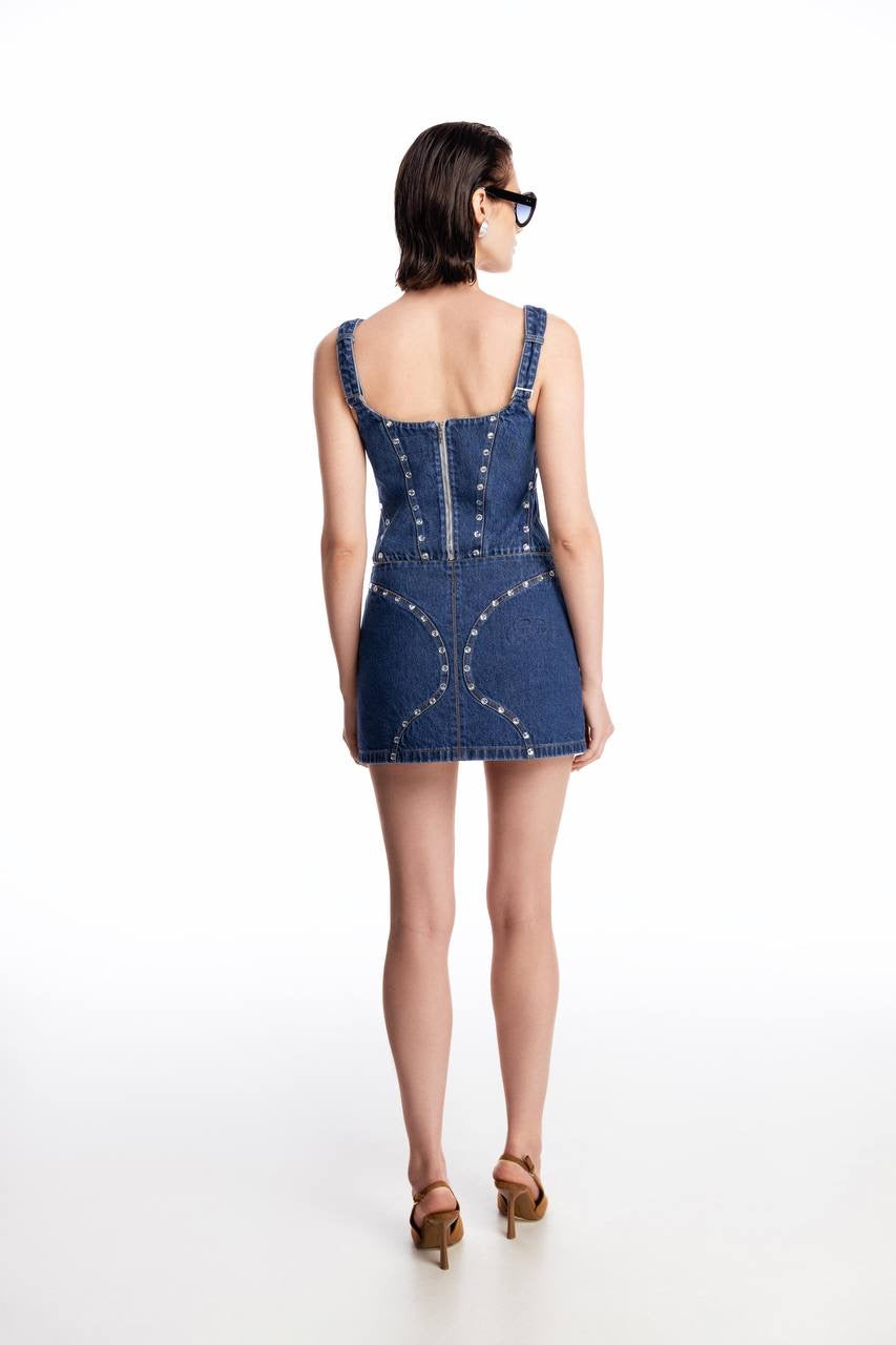 Denim mini skirt with silhouette lines and crystals