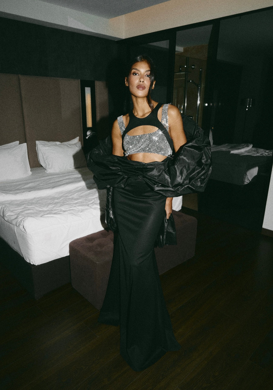 Diamante maxi dress with pouffe