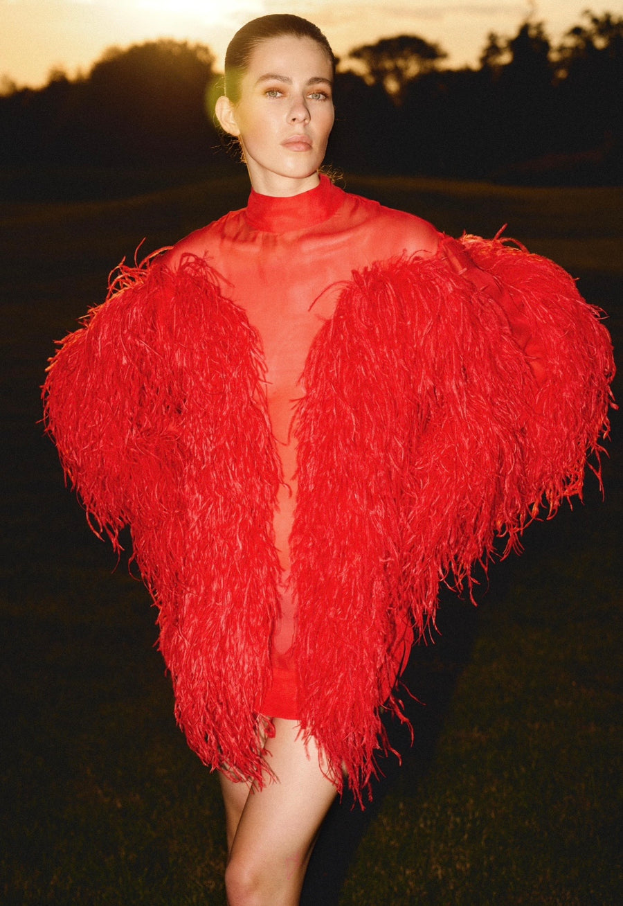 strapless open back dress Red Silk Mini Dress with Feathers – Santa