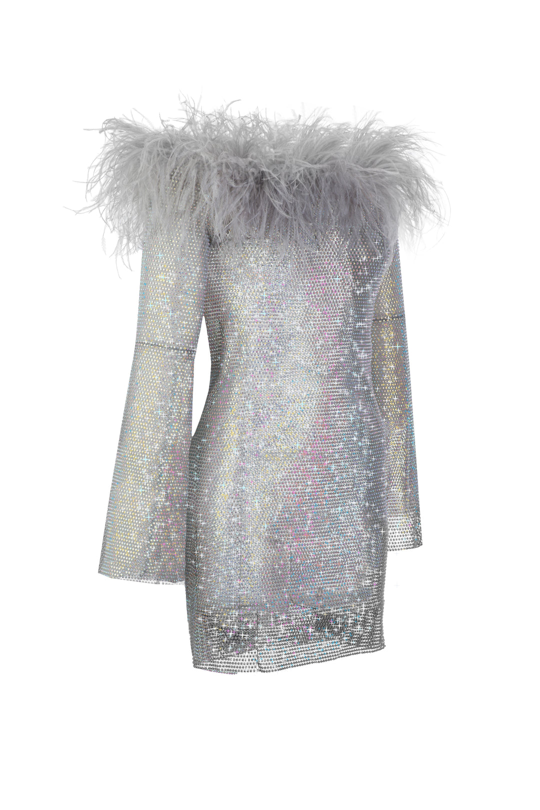 Sparkle Silver Mini Feathers Dress with Open Shoulders