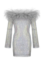 Sparkle Silver Mini Feathers Dress with Open Shoulders