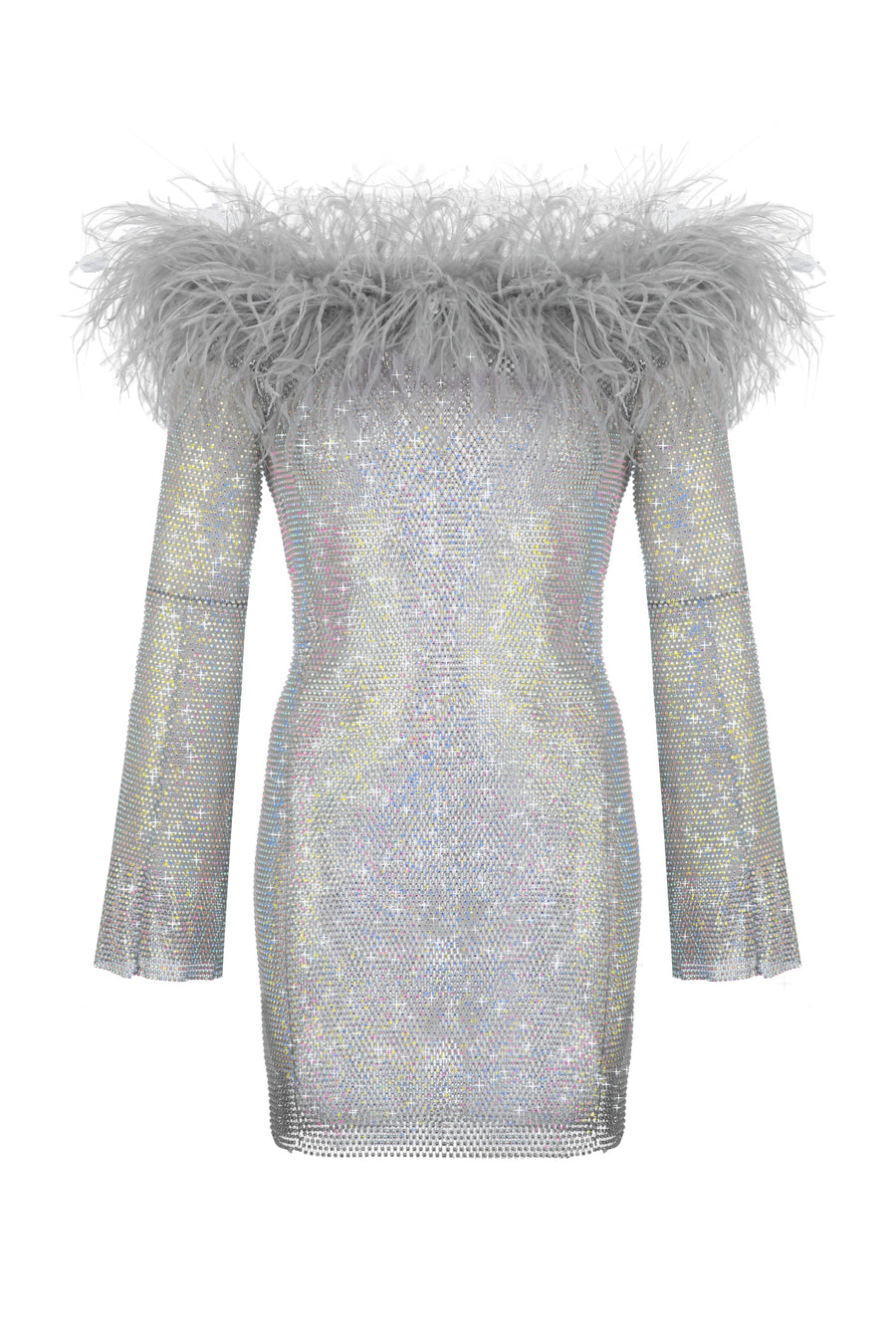 Sparkle Silver Mini Feathers Dress with Open Shoulders