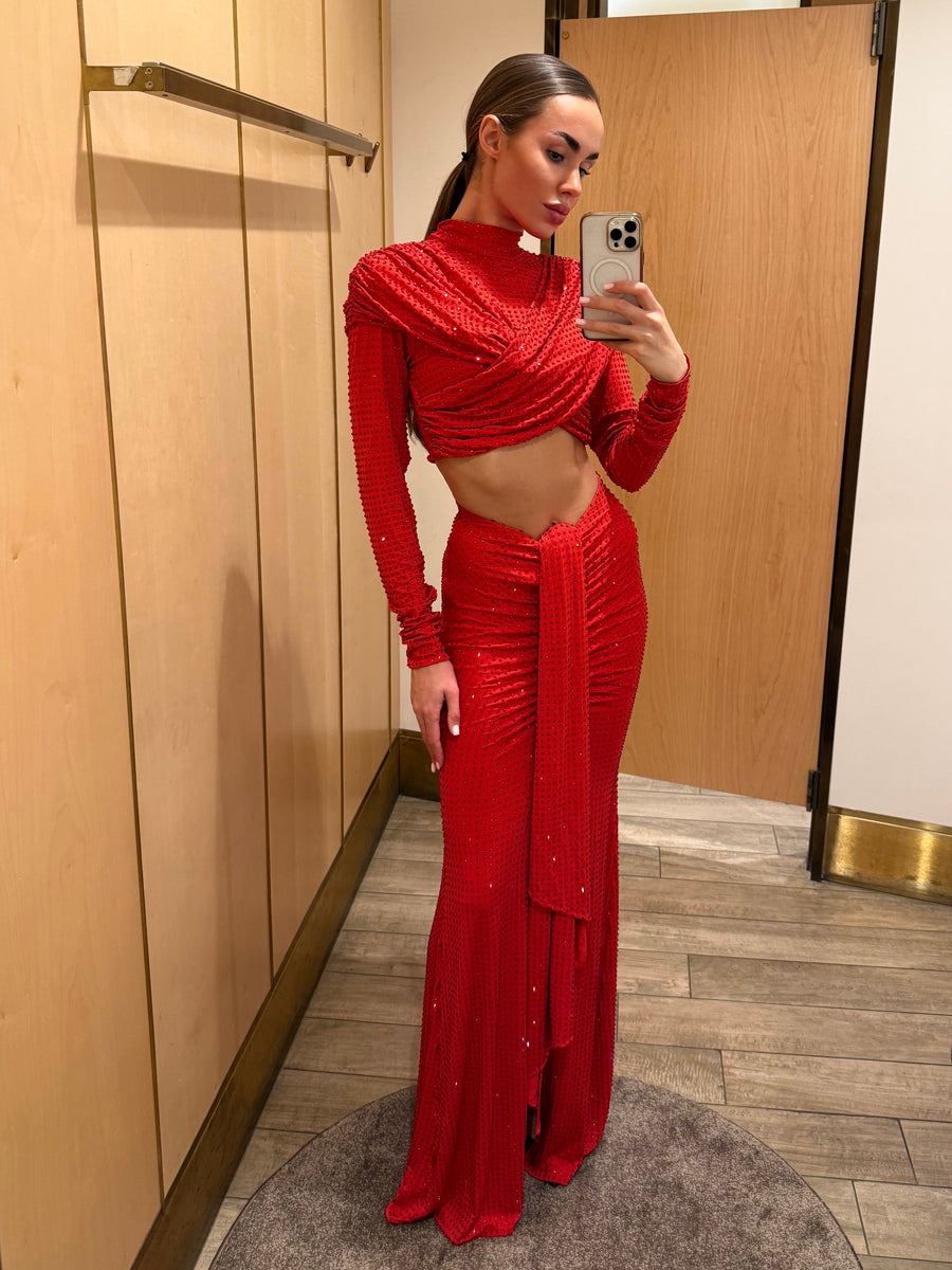 DIAMANTE CROP TOP WITH SLEEVES