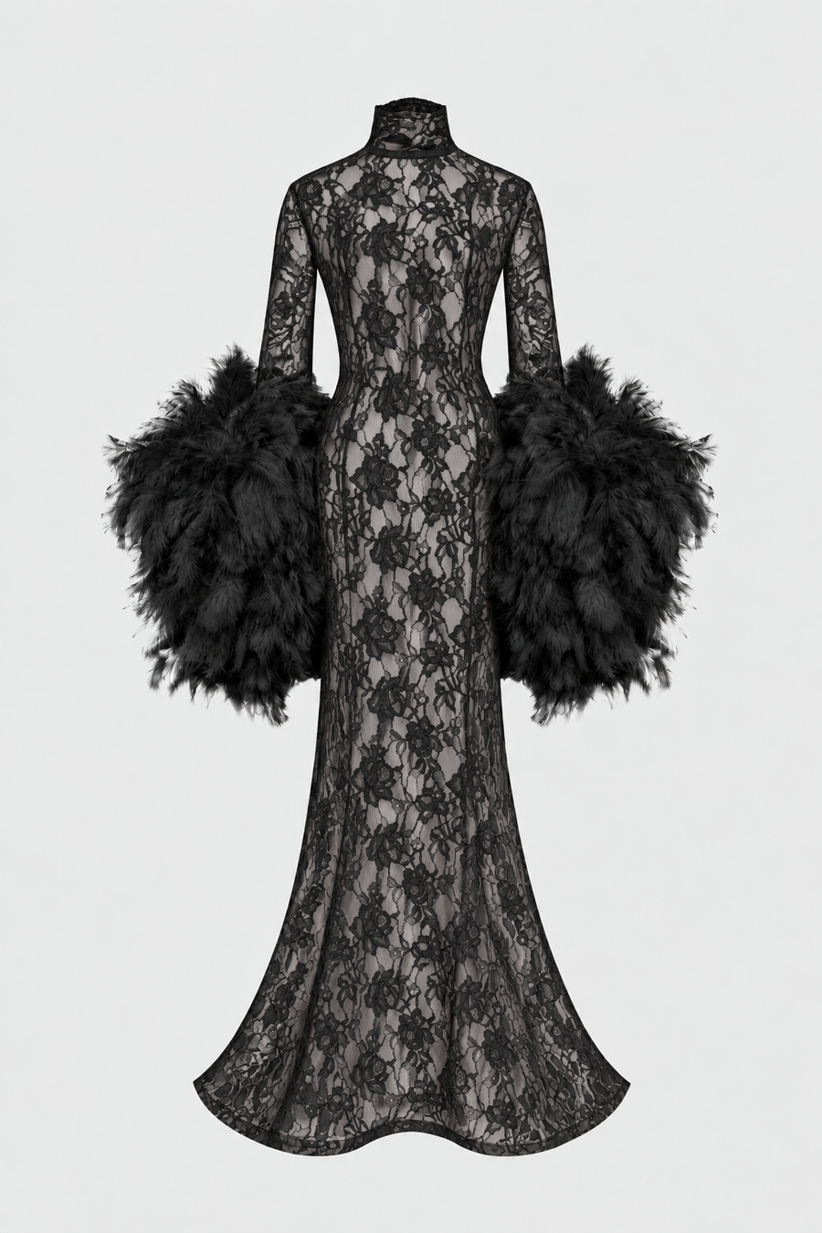 Lace Dress with Feathers Sleeves