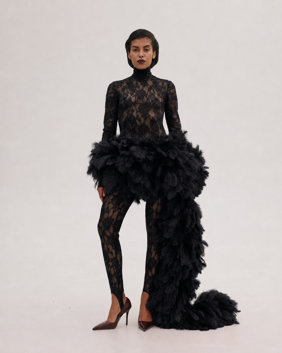 Lace Dress with Feathers Tail