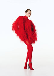 Red Silk Mini Dress with Feathers