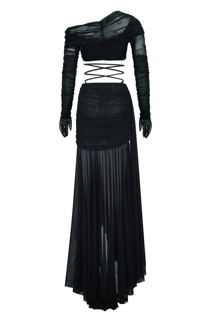 Chic Black Three-Piece Set  (Top/Gloves/Skirt/)