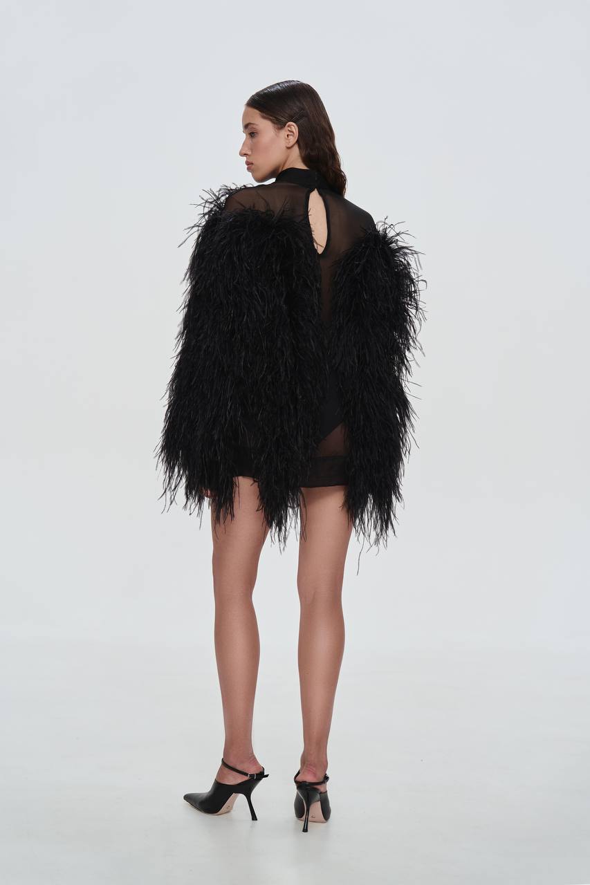 Black Silk Mini Dress with Feathers XS/S / Black Black Silk Mini Dress with Feathers XS/S / Black