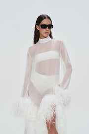 Silk Dress with white Feathers