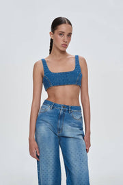 Clear Rhinestone Denim Top