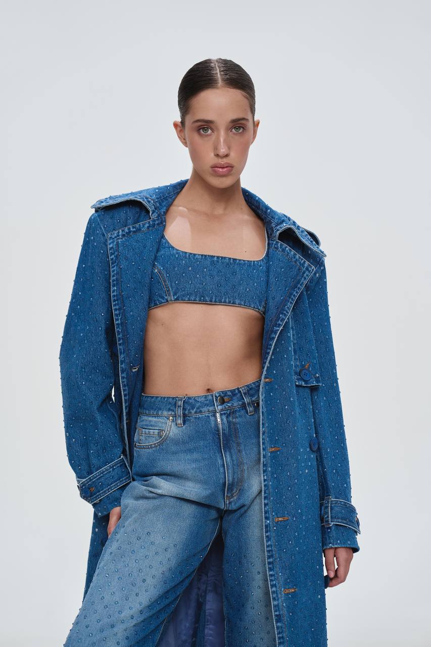 Clear Rhinestone Denim trench coat